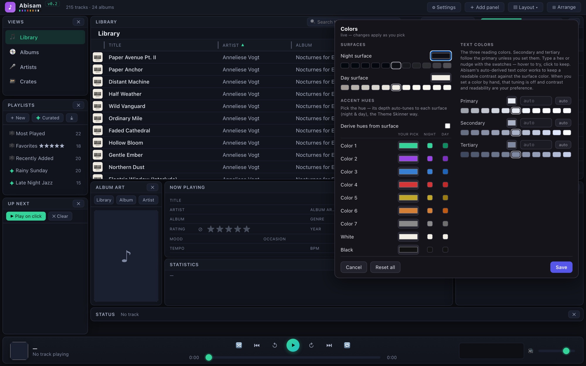 Abisam's Colors window — night and day surfaces, nine accent hues auto-tuned per surface, and three reading colors with tonal ramps, previewing live over the app