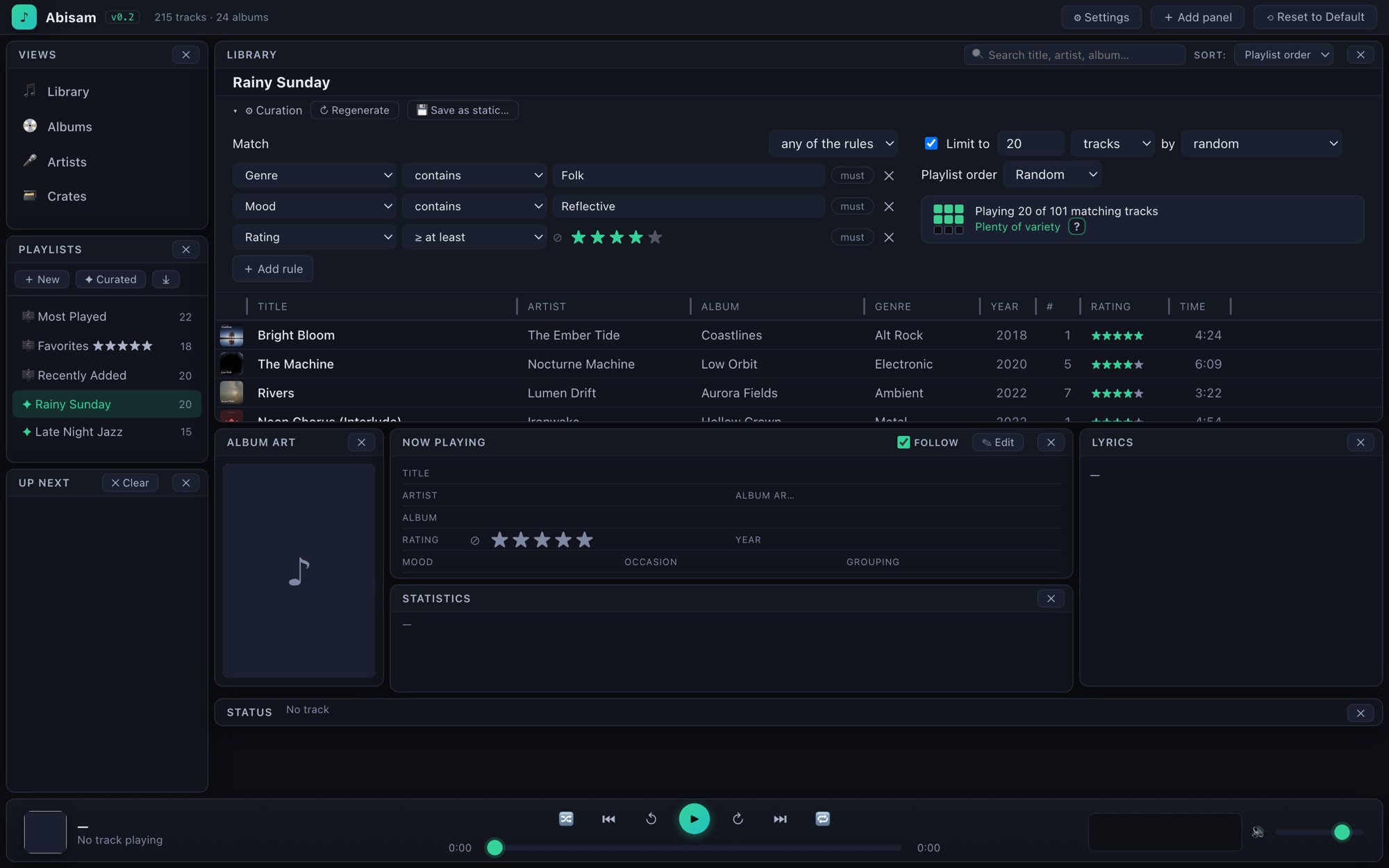 A Curated Playlist being built — rule rows for genre, mood and rating above the live matching tracks