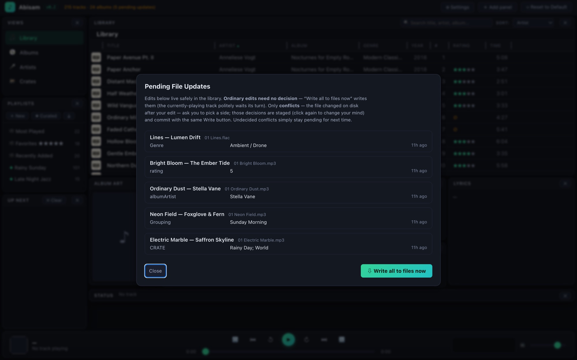 The Pending File Updates report — staged edits per track with a Write all to files now button