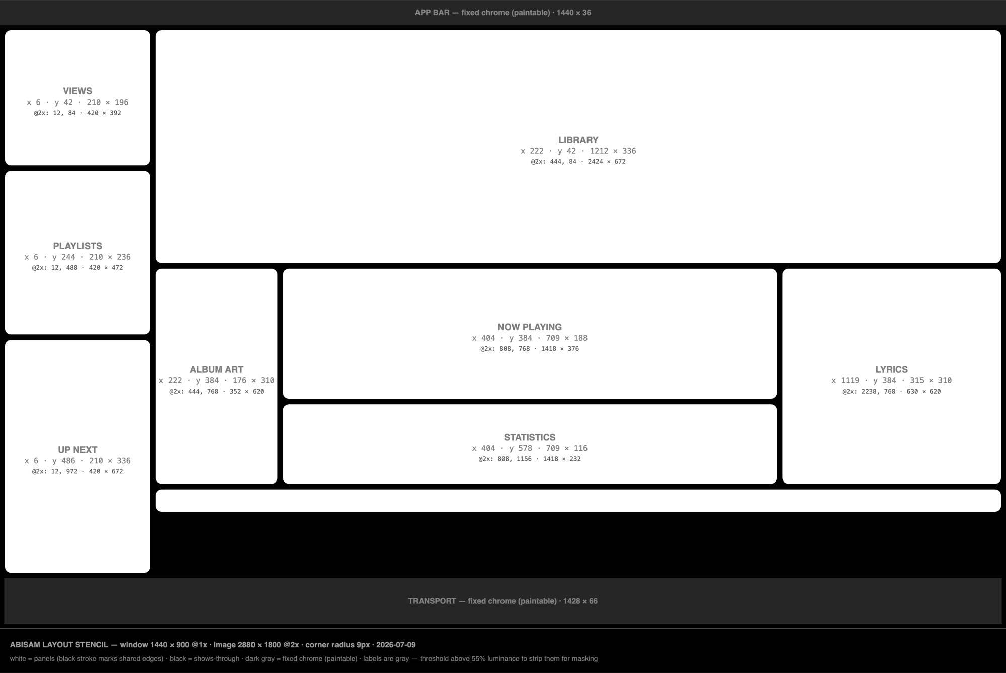 An exported Abisam layout stencil — white panel shapes on black, each labeled with its exact pixel position and size