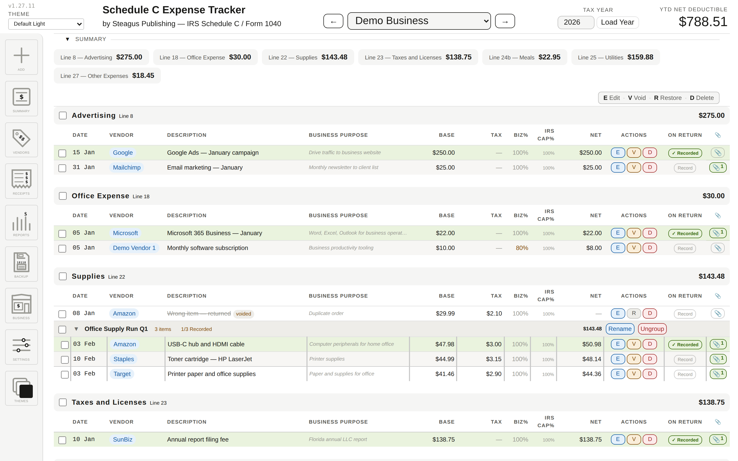 SCT full app — header totals and a populated expense table
