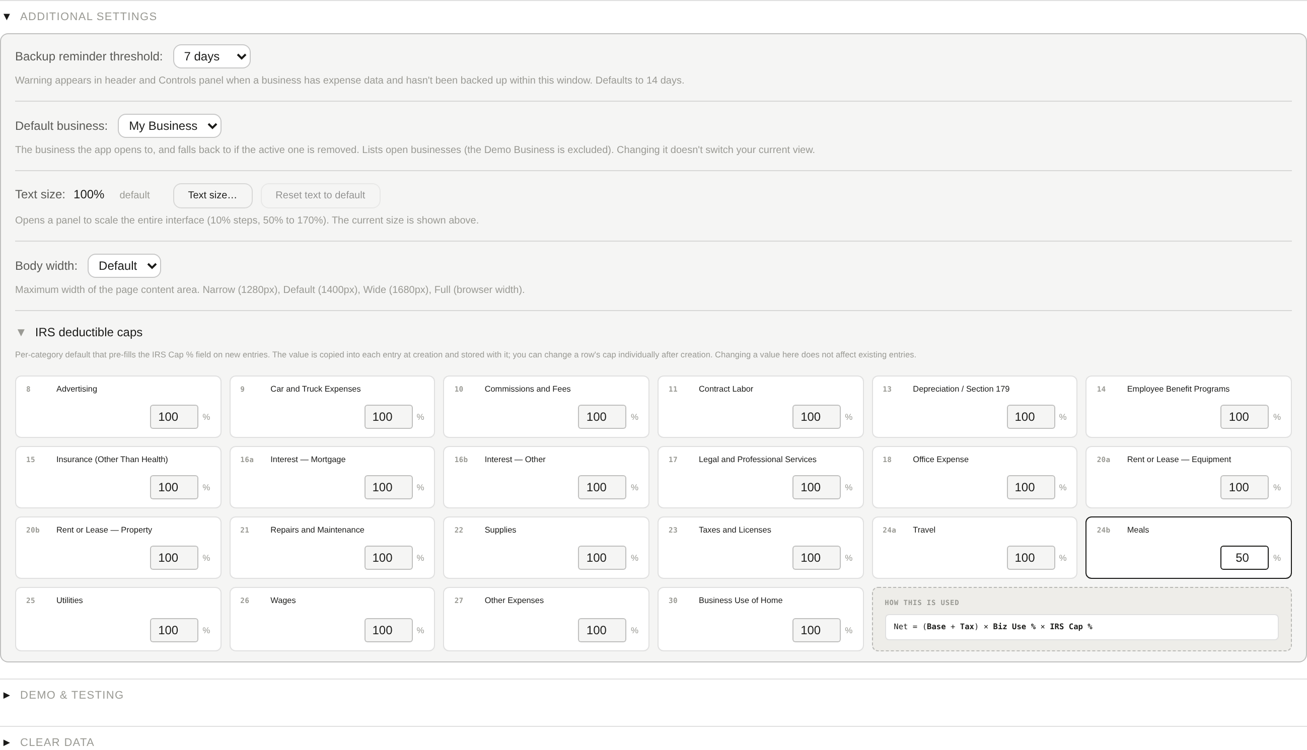 Additional Settings — the IRS deductible-cap control grid
