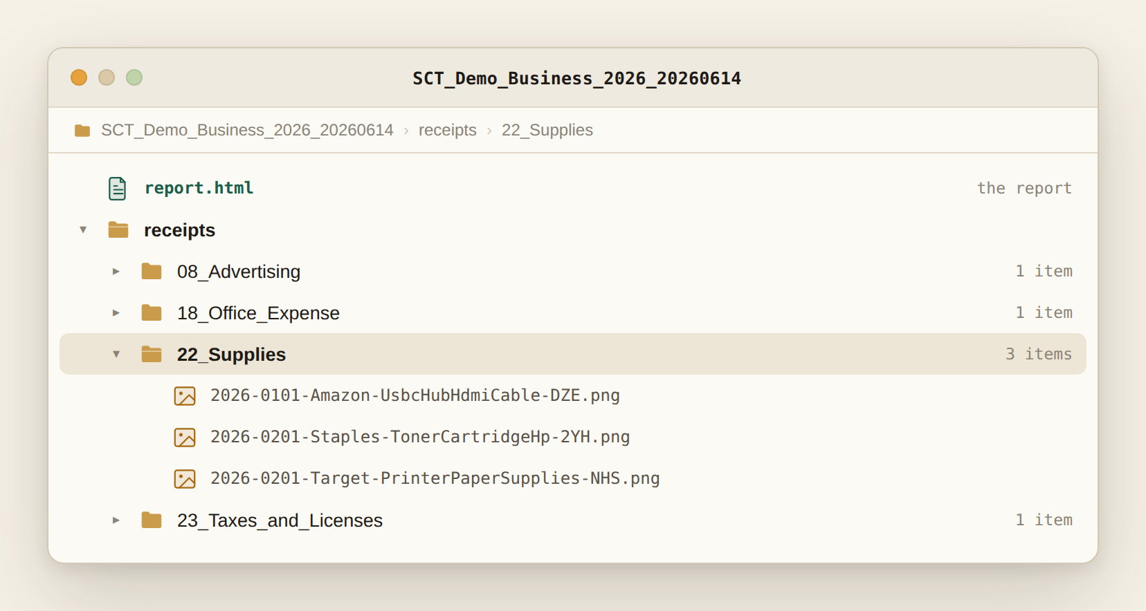 Exported HTML report with Include receipts: receipts organized into per-Schedule-C-line folders